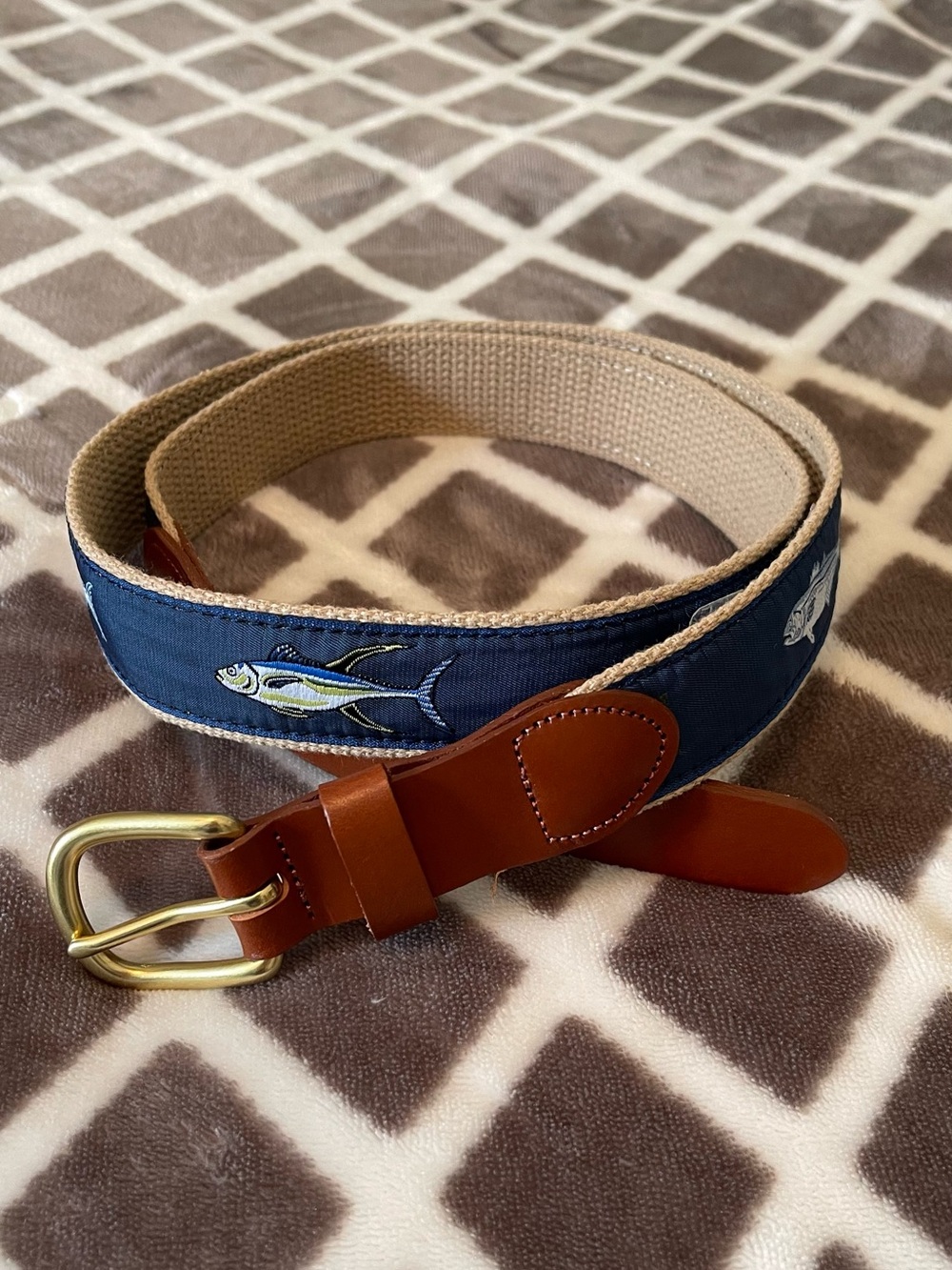 Men's Navy Woven Fish Embroidered Belt with Tan Leather Trim